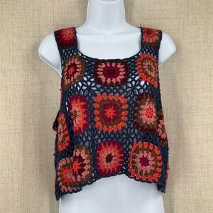 Natural Life Crochet Granny Square Tank Top Navy Multi Boho L/XL Hippie Festival